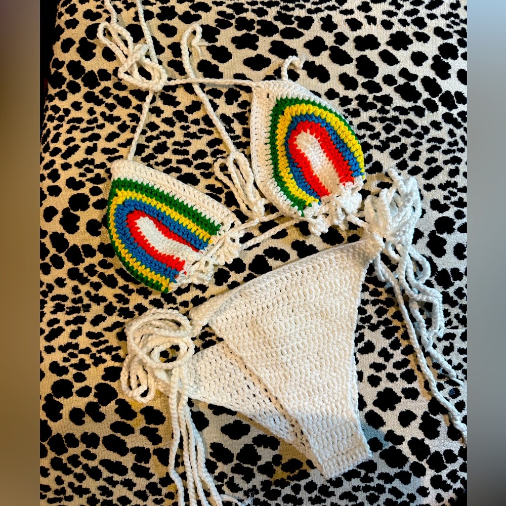 Rainbow Crochet Bikini Set | Handmade White Tie-Up Swimwear | Festival Ready